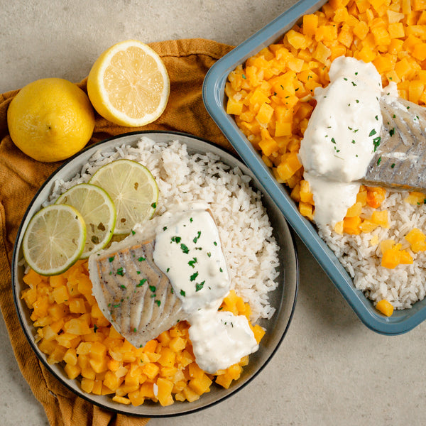 Filet de lieu noir sauce citronnée, butternut et riz