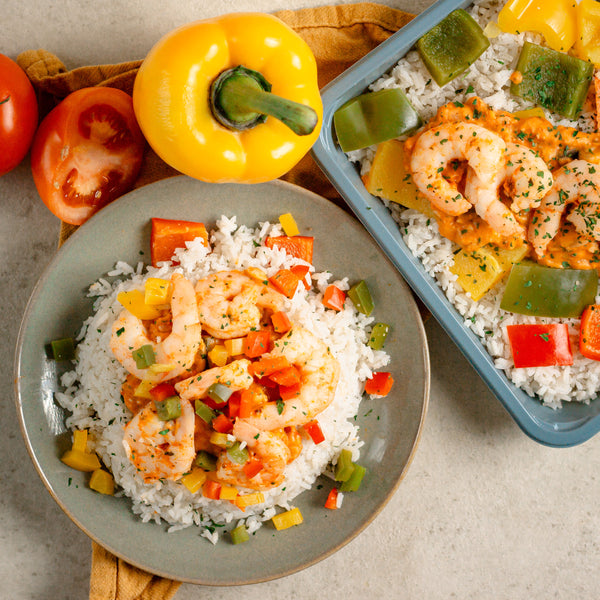 Scampis curry rouge lait de coco, poivrons et riz