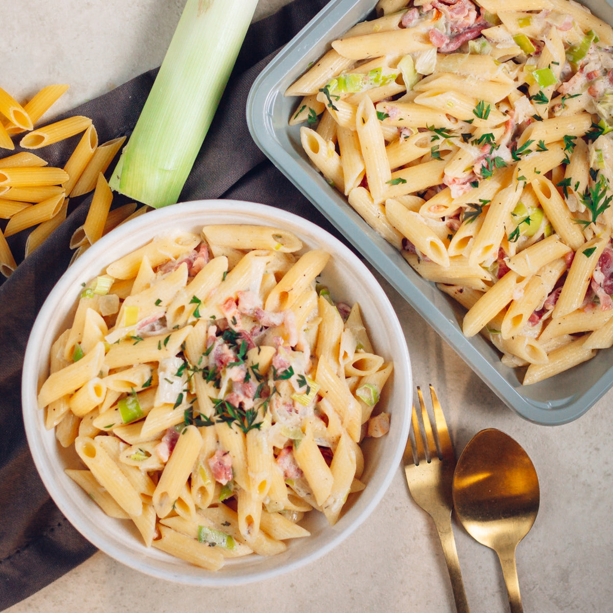 Penne carbonara de poireaux lardon fumés