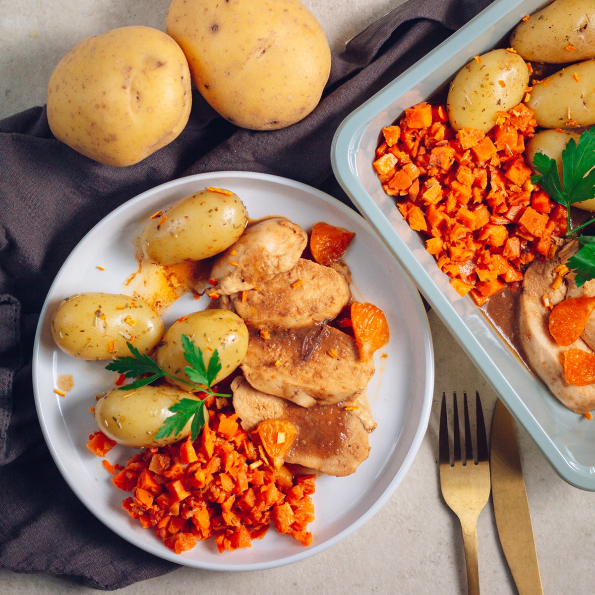Poulet à l’orange, carottes glacées et potatoes