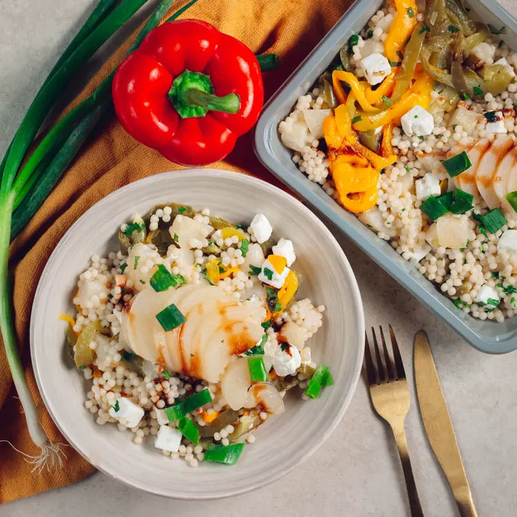 Fregola sarda aux poivrons, poire et chèvre miel