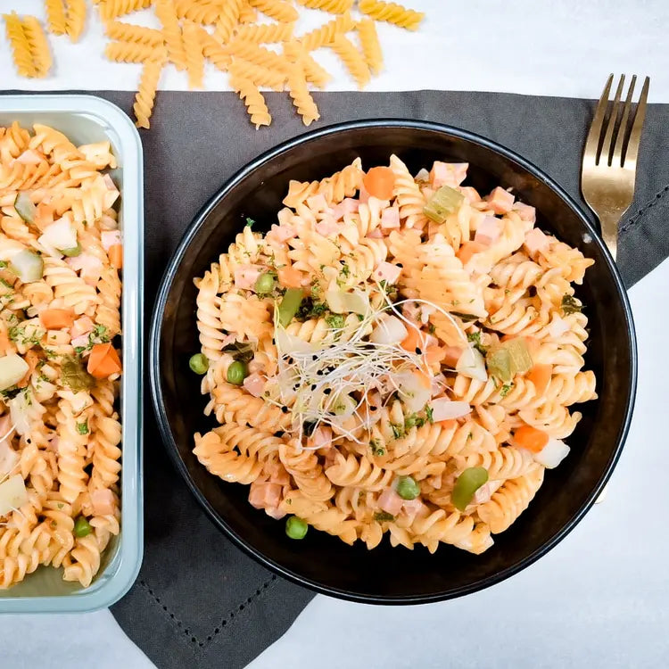 Fusilli sauce pesto, légumes et lardons de dinde