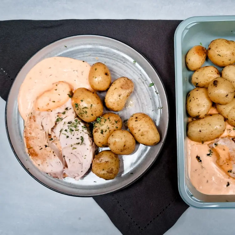 Pavé de dindonneau sauce sambre et meuse et pomme grenaille