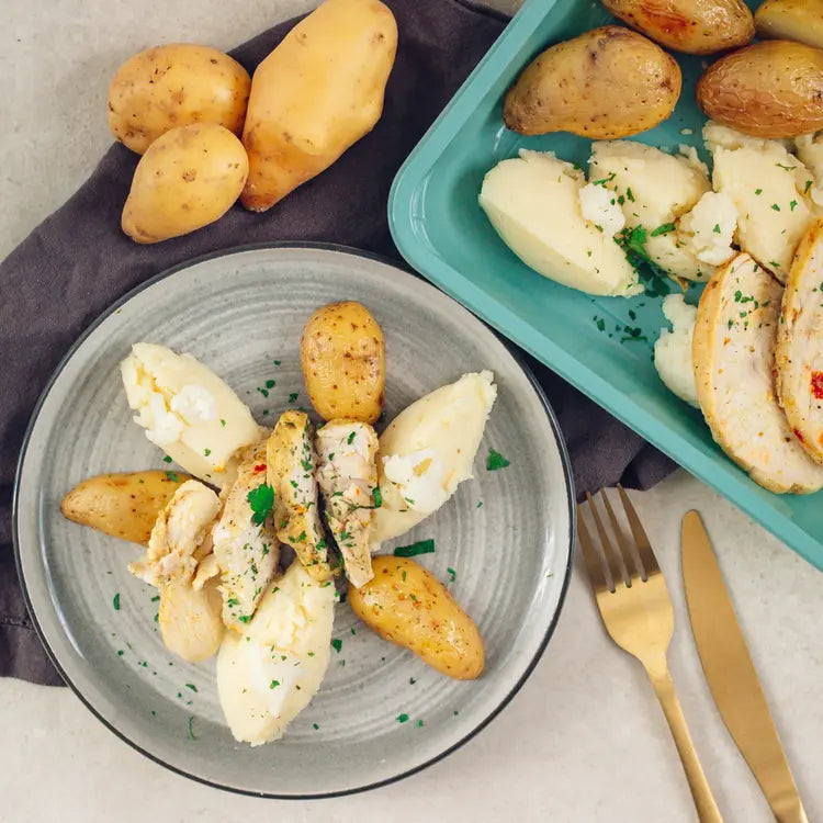 Poulet grillé, purée de chou-fleur et pommes de terre