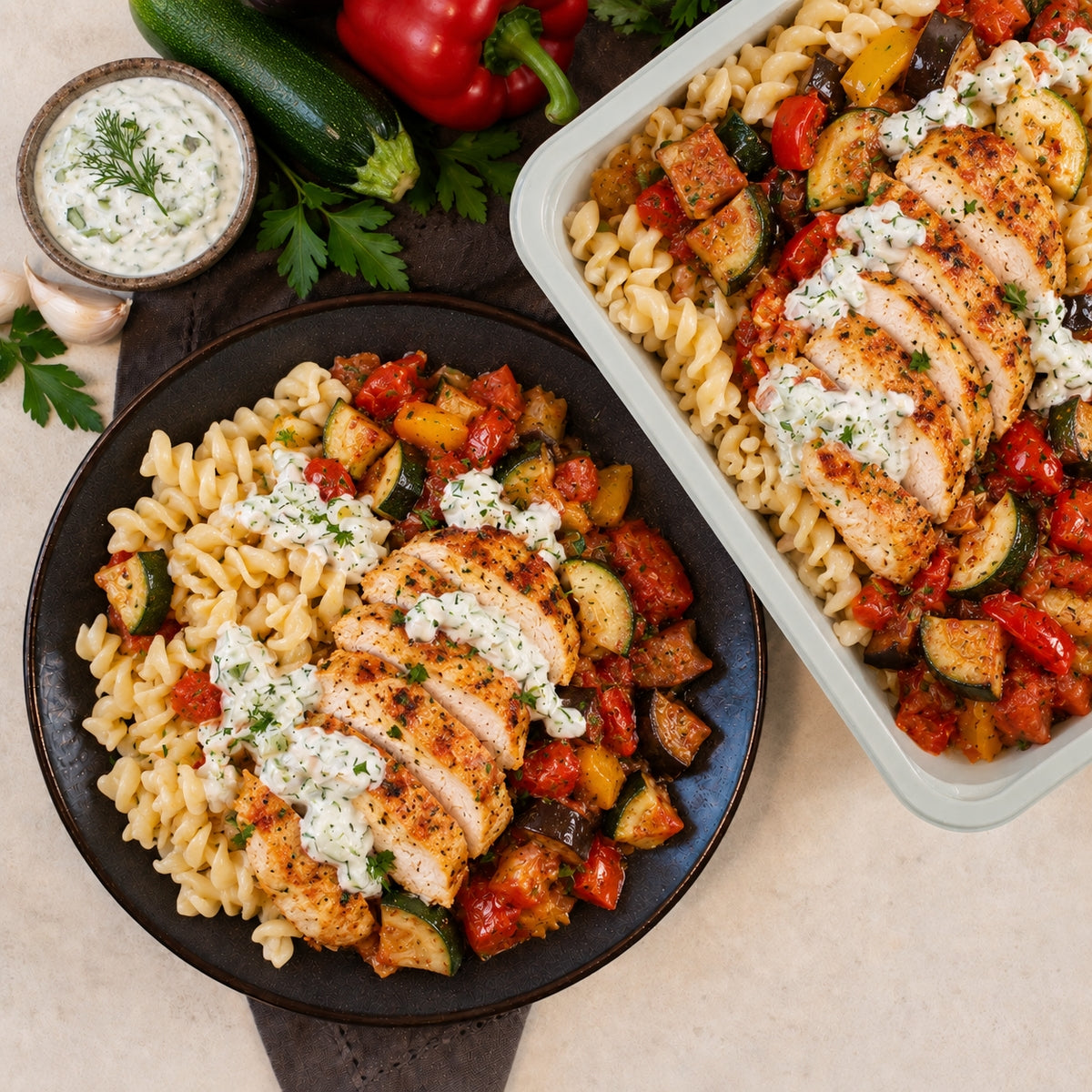 Escalope de poulet, ratatouille et pâtes