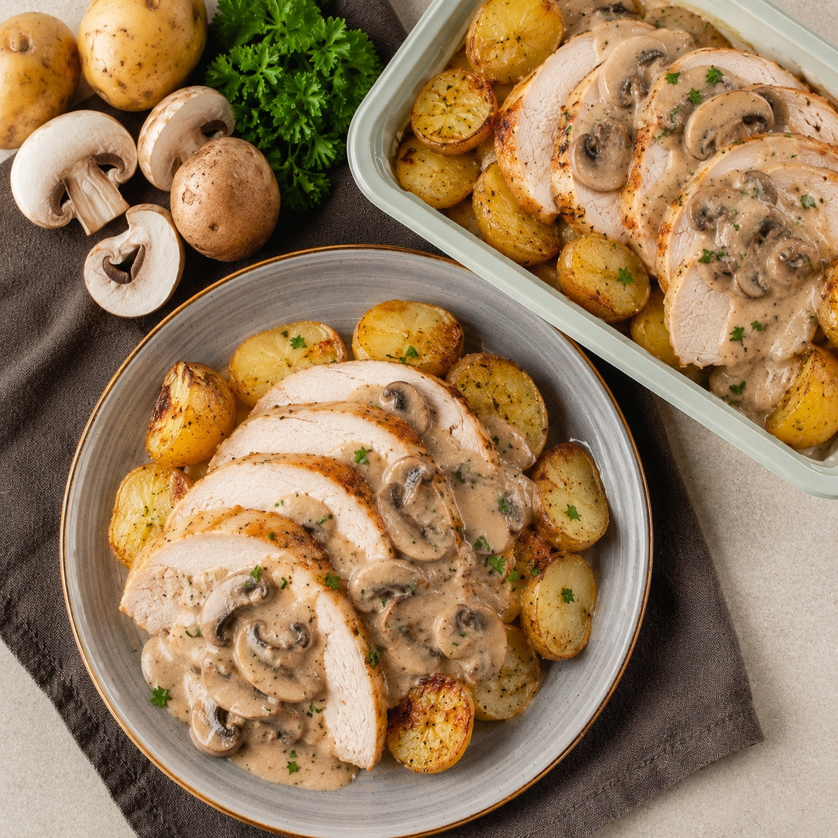 Rôti de dinde sauce champignon, pomme de terre
