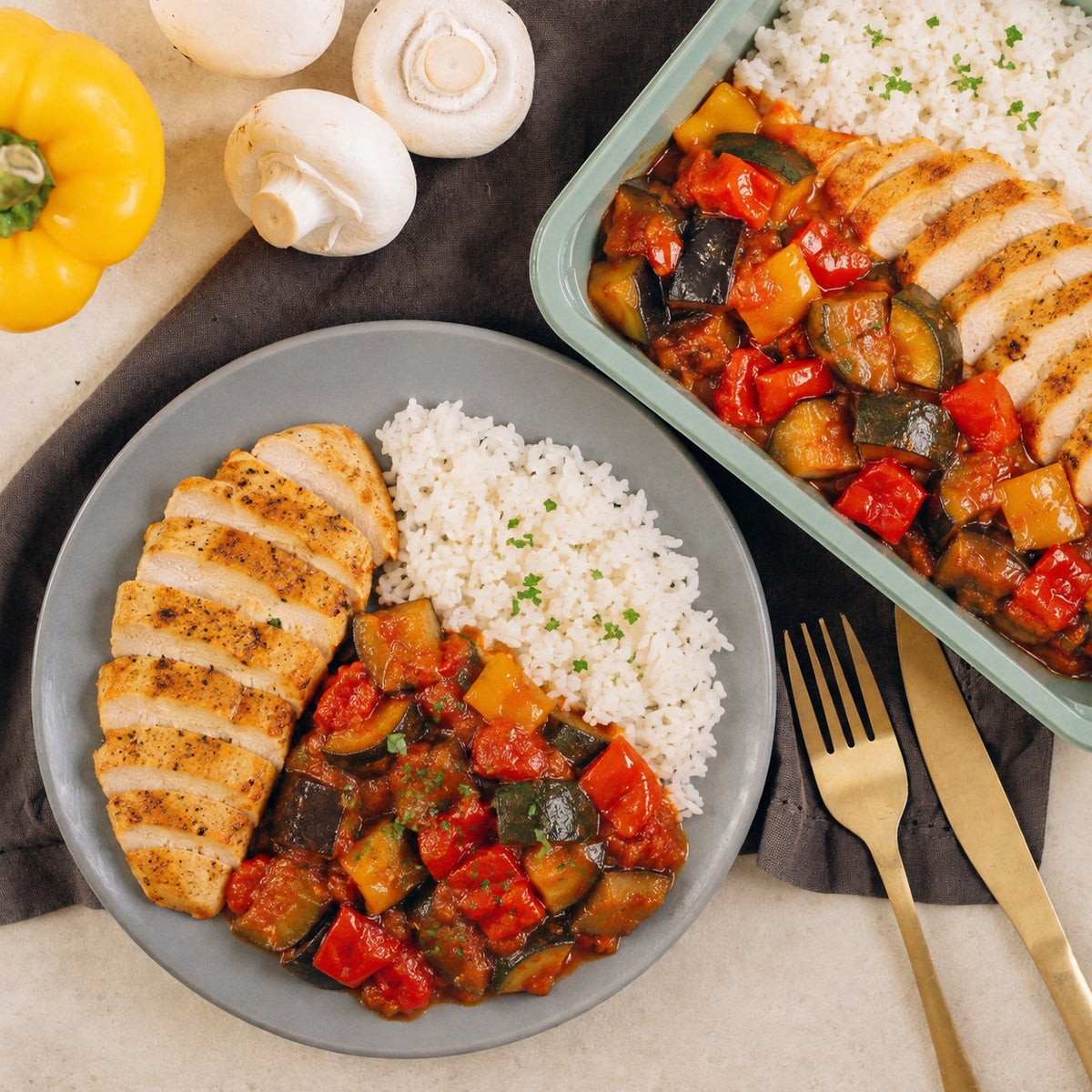 Escalope de poulet, ratatouille et riz