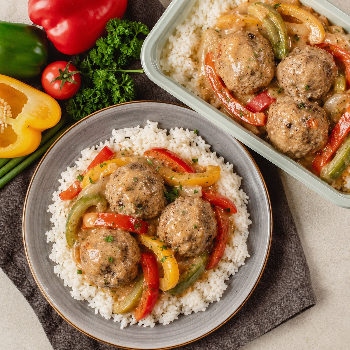Boulettes de volaille sauce légère, poivrons et riz