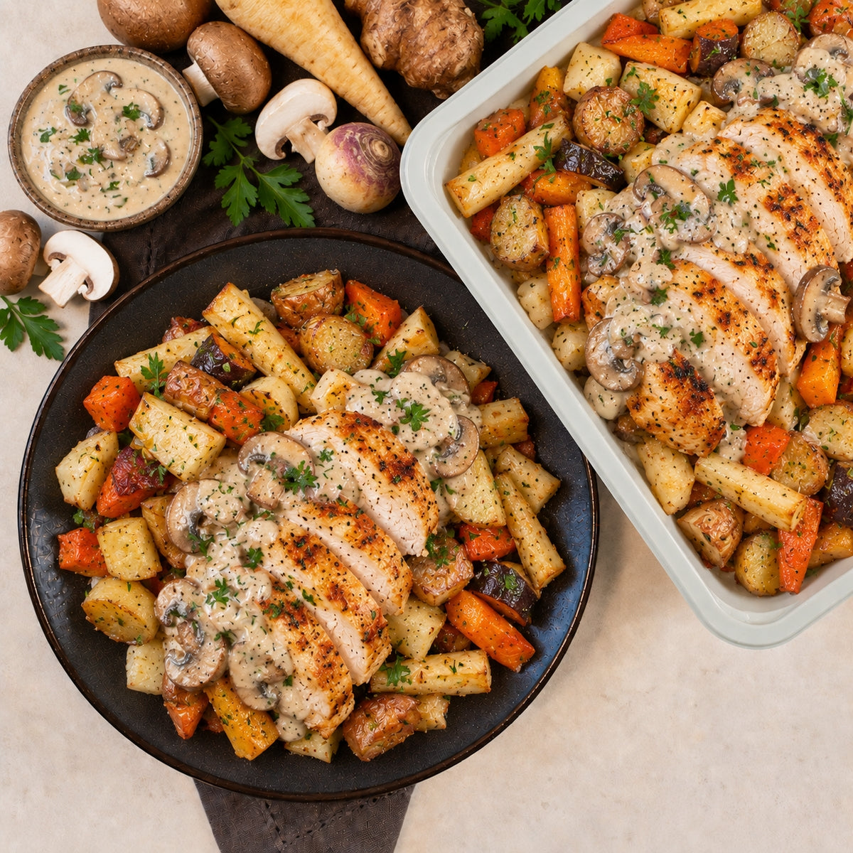 Poulet grillé, sauce champignon à la crème légère et poêlée de légumes oubliés