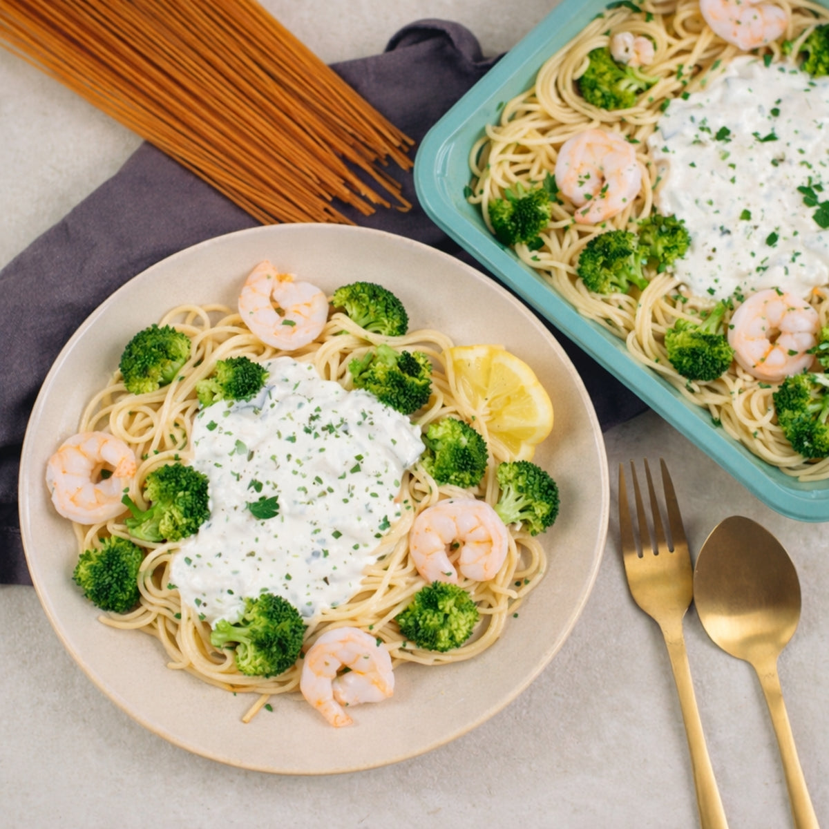 Spaghettis complets aux scampis et crème au citron