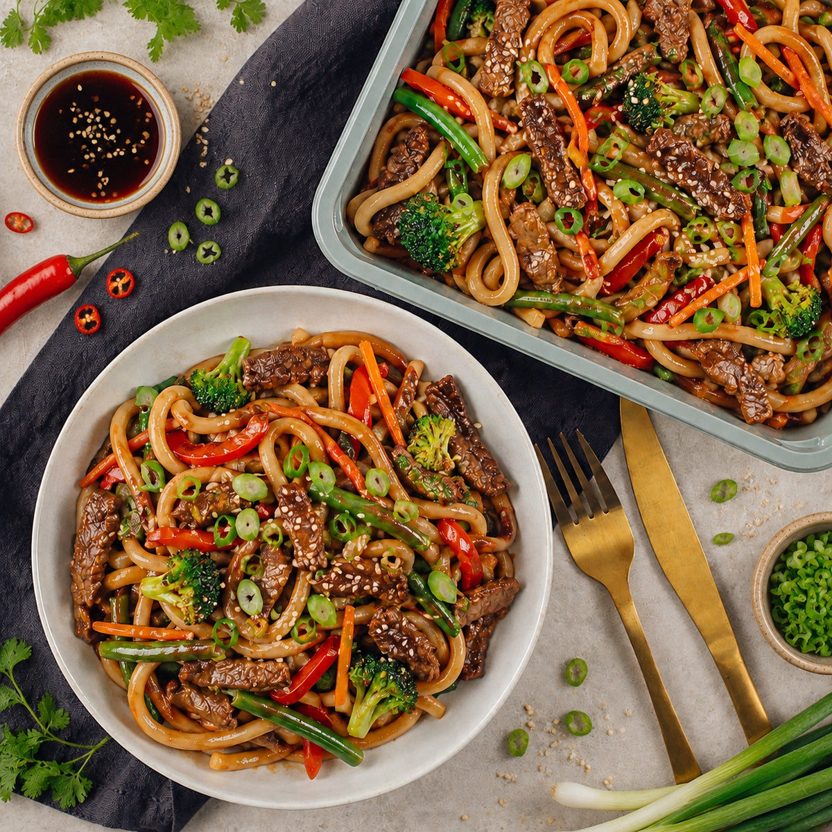 Nouilles udon, émincés de boeuf sauce soja sucrée et légumes croquants