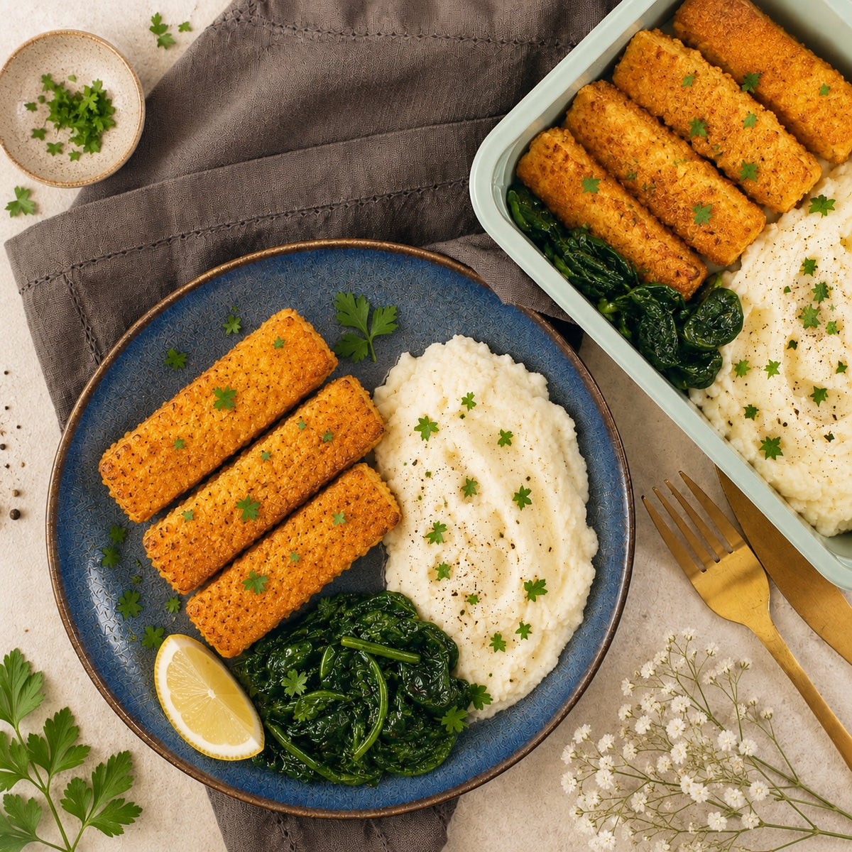 Fish stick, purée et épinards