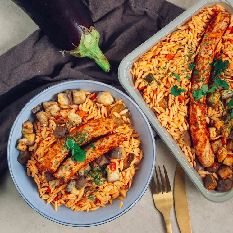Gratin à la grecque et merguez