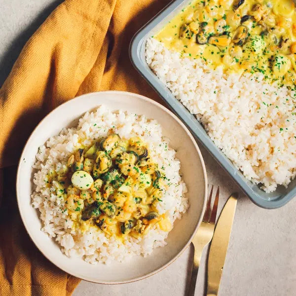 Cassolette de la mer, légumes et riz blanc