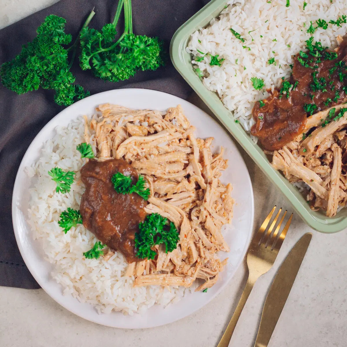 Effiloché de poulet à la kriek et riz basmati