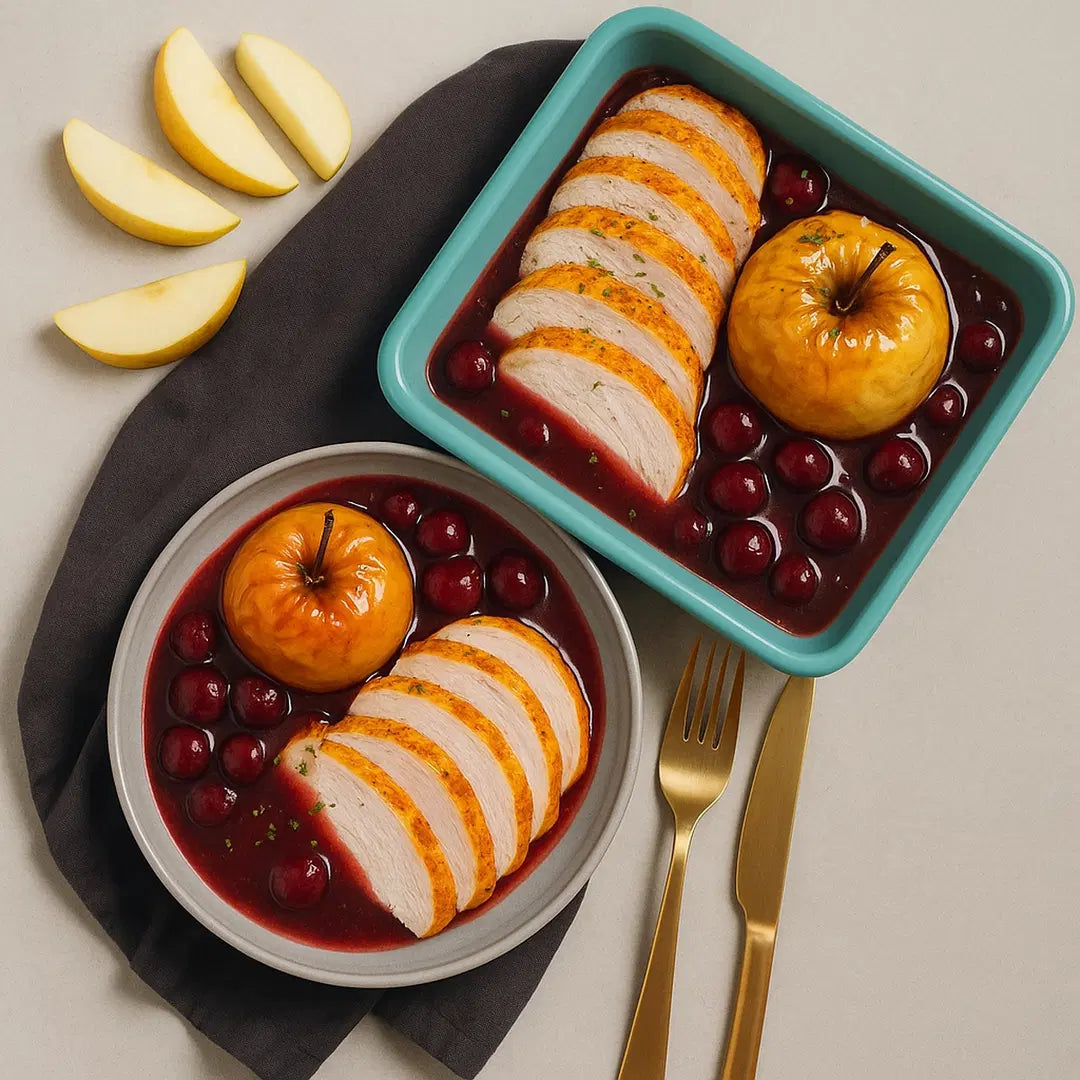 Dinde rôtie à la sauce aux cerises et pomme au four