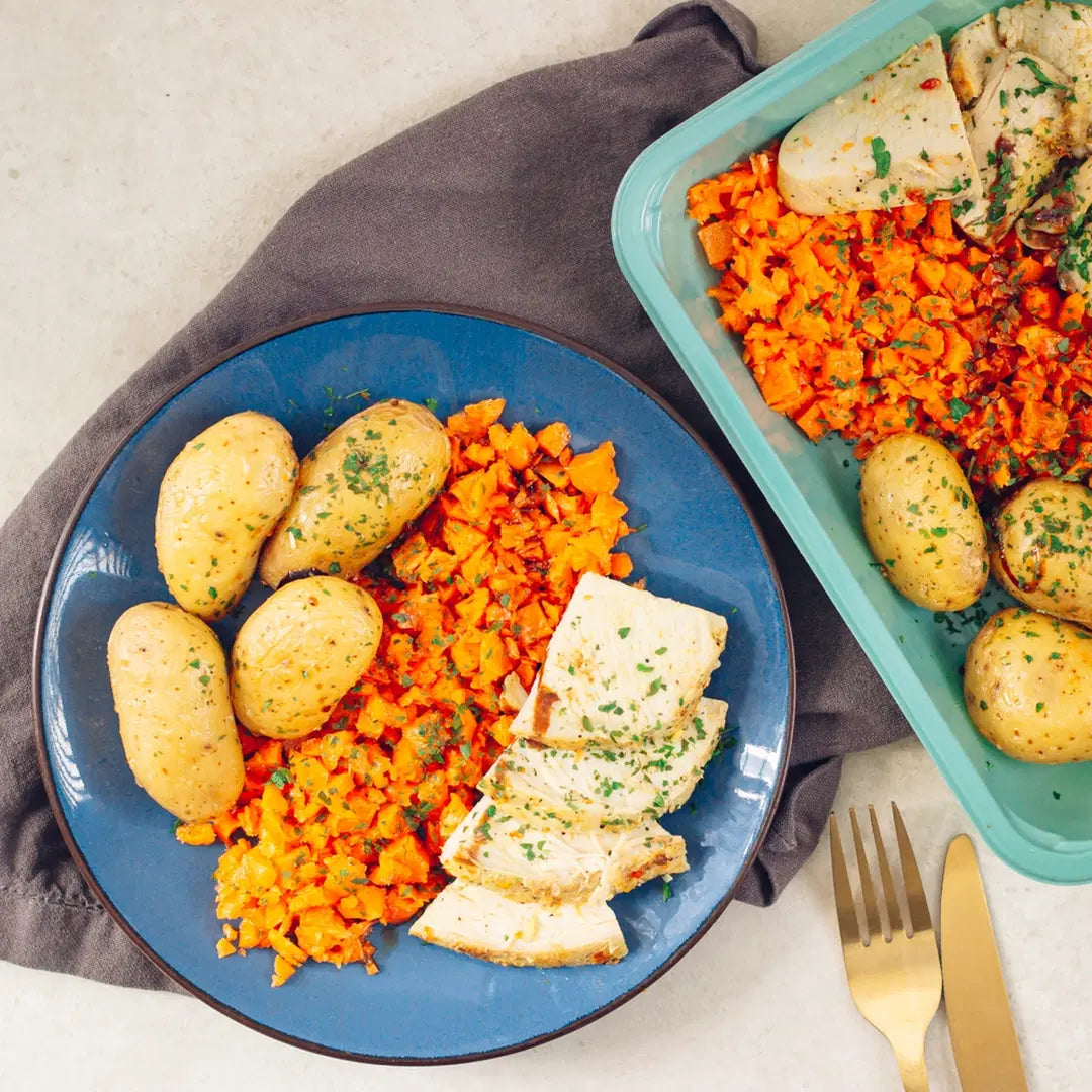 Poulet aux carottes glacées sauce miel et pommes de terre grenaille